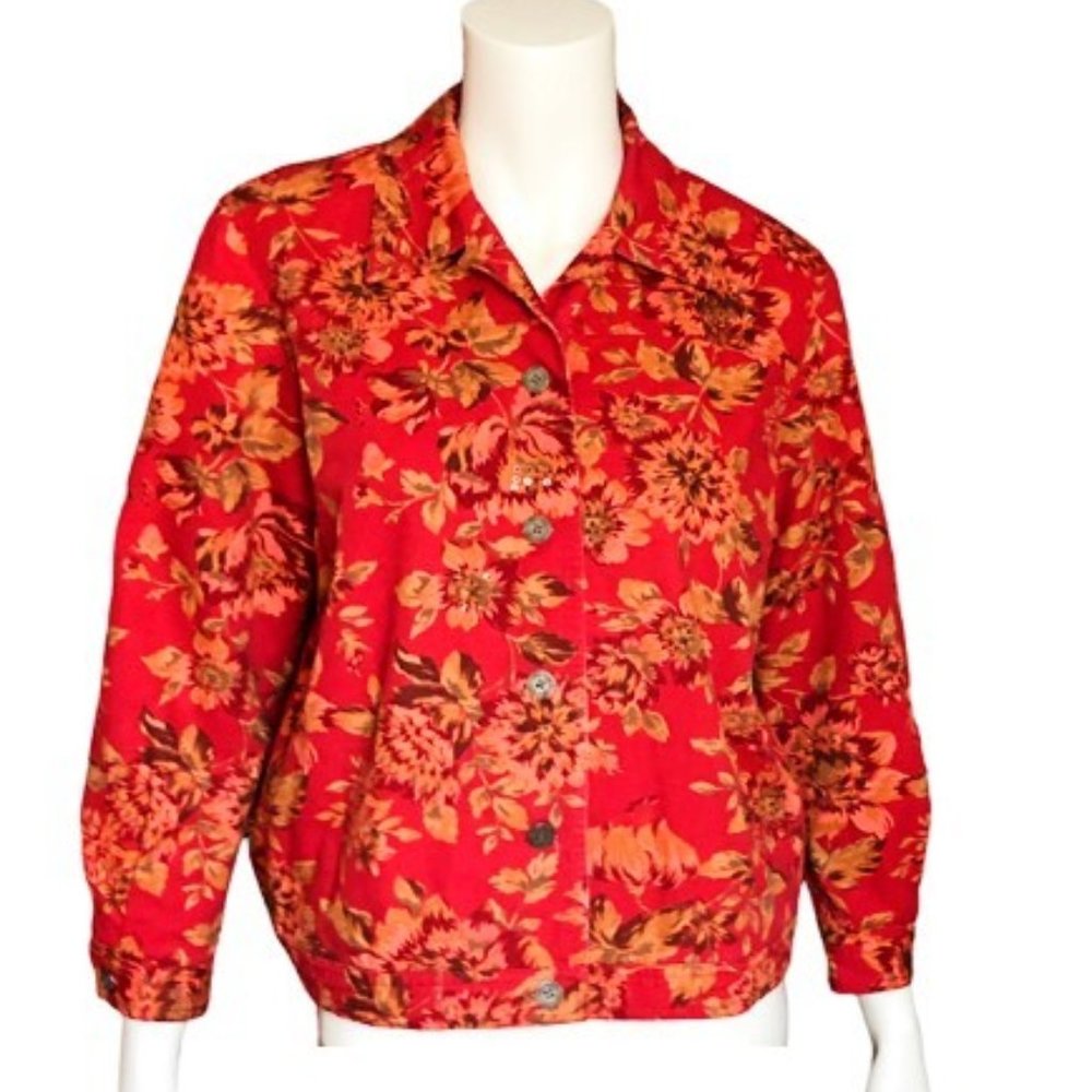 Alfred Dunner Red Floral Denim Jacket with Beaded Accents – Size 10P